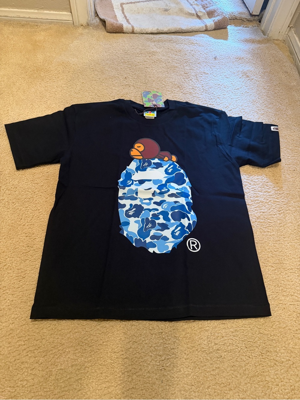 Bape Black Tee with Blue Camo Ape Head and Orange Accent